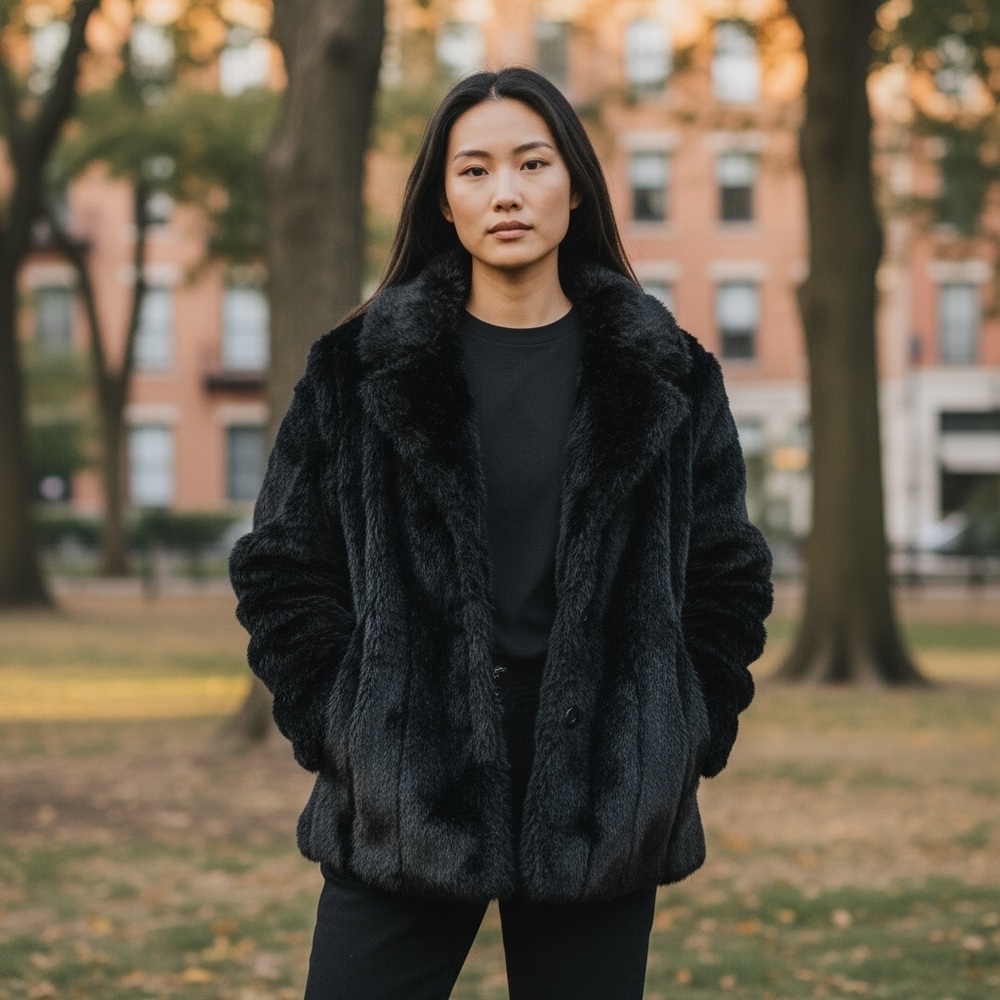Vintage Tally Ho Women Black Faux Fur Coat Reversible Silk M Jacket Mobwife